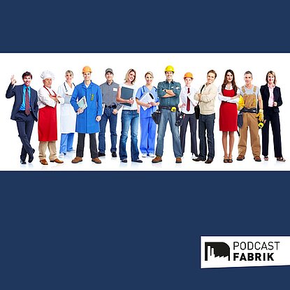 Cover Podcast Traumjobs mit vielen verschiedenen Menschen in Arbeitskleidung